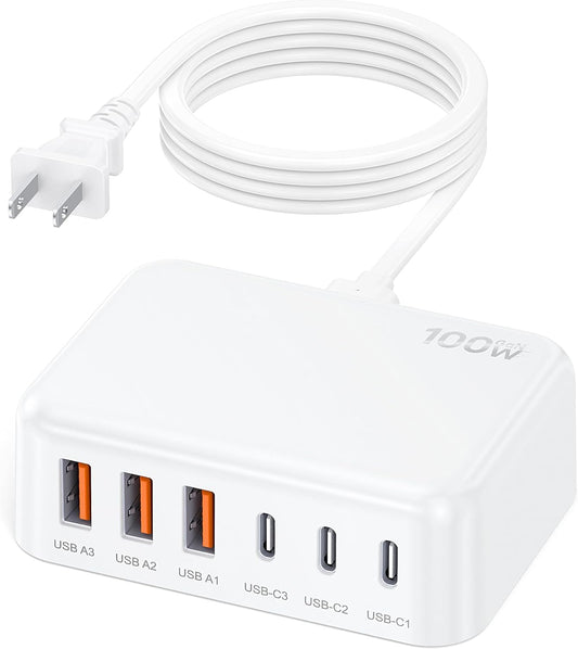 6 in 1 USB Charger, 50% Smaller Charging Station for Multiple Devices, 100W Fast Charging Blocks with Type C Ports, USB Charging Hub Organizer