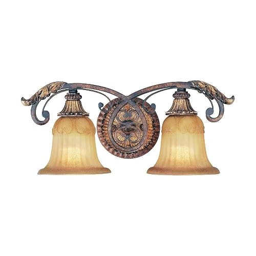 Livex Lighting 8552-63 Villa Verona 2 Light Verona Bronze Finish Vanity Bath with Aged Gold Leaf Accents and Rustic Art Glass