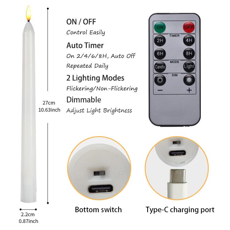 ZenQiKe Rechargeable Taper LED Candles 6 PCS with Remote Timer Suckers, 3D Flickering Flameless Light Window Candles,Battery Operated Candlesticks