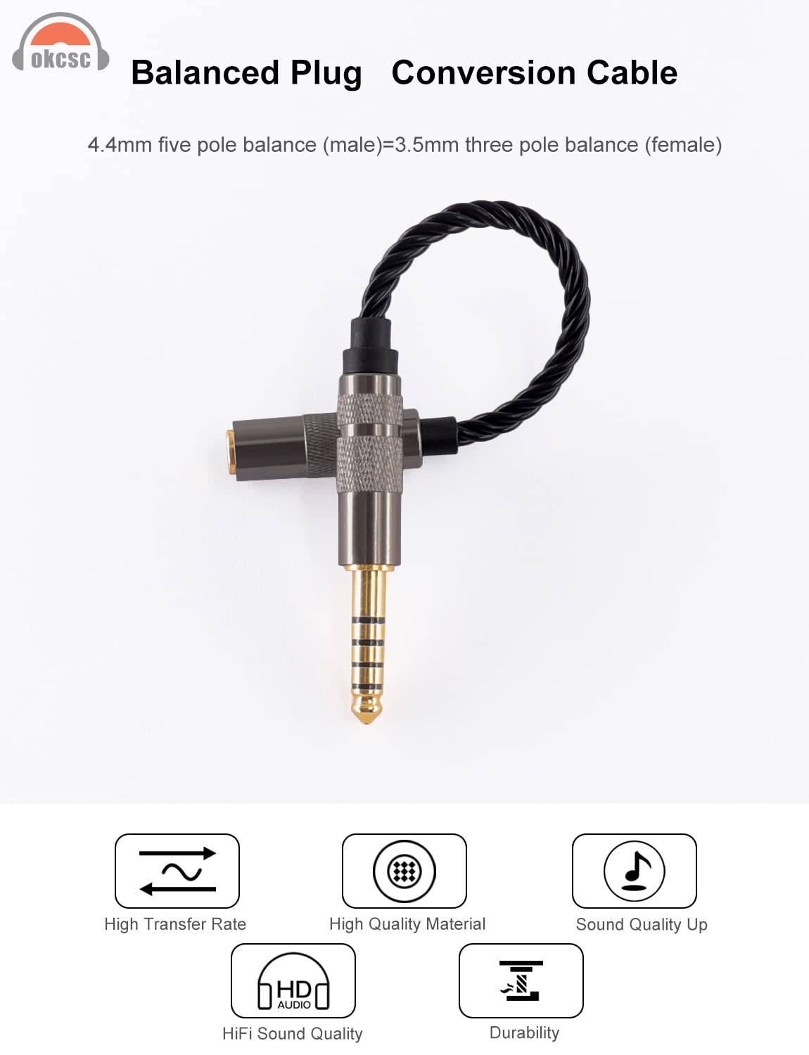 okcsc Headphone Adapter 4.4mm Male to 3.5mm Female Adapter for 3.5mm Cable Connected to Balanced 4.4mm Player Device High Stereo Audio Converter OFC