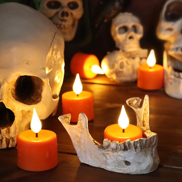 Sanmli 6 Pack Orange LED Tea Lights Rechargeable with Remote Control and Timer, Flickering Warm White Light, Flameless Candles with Charging Station