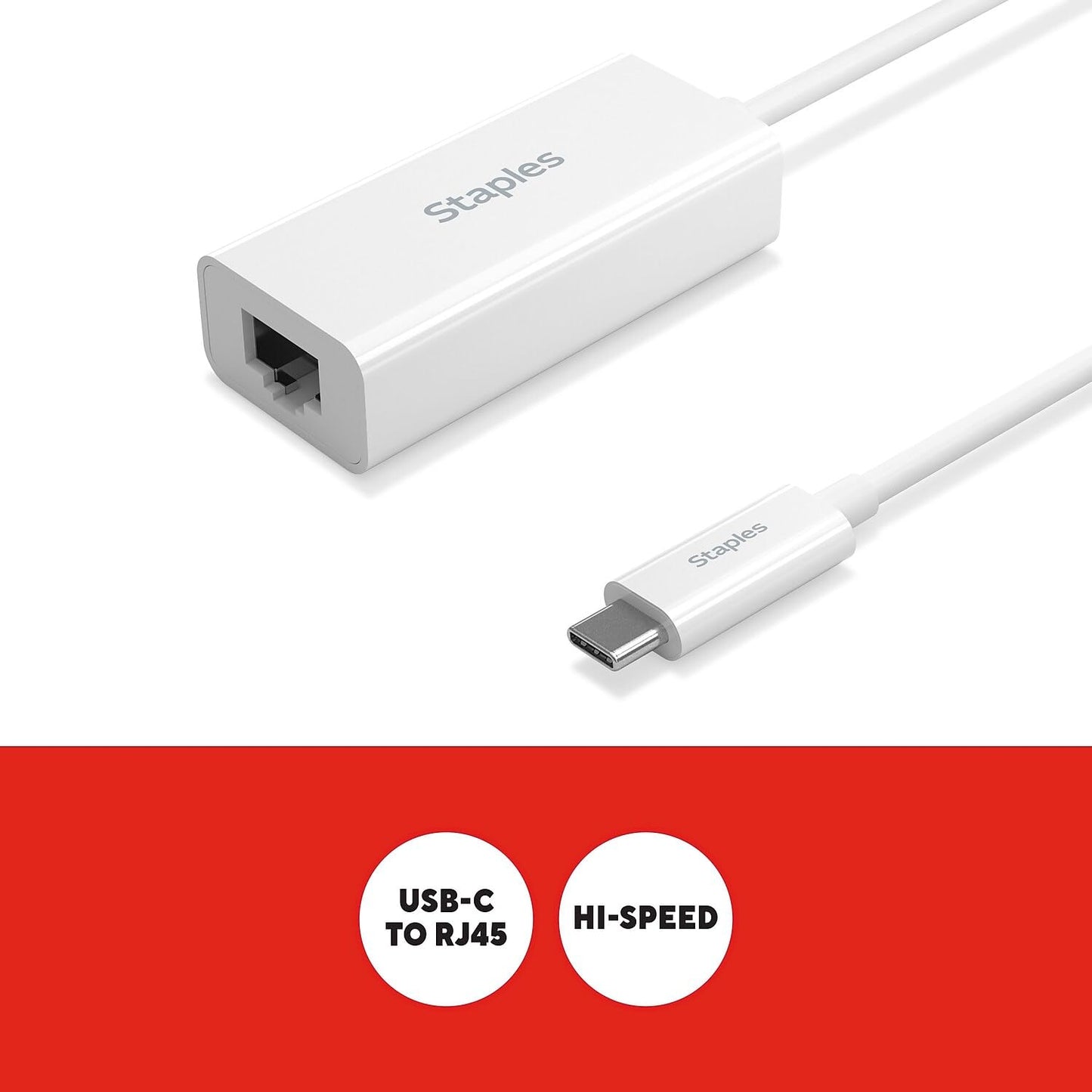Staples TECH USB-C to Ethernet Adapter, White, USB-C Male to RJ45 Female, Wired Network Adapter for Laptop/MacBook