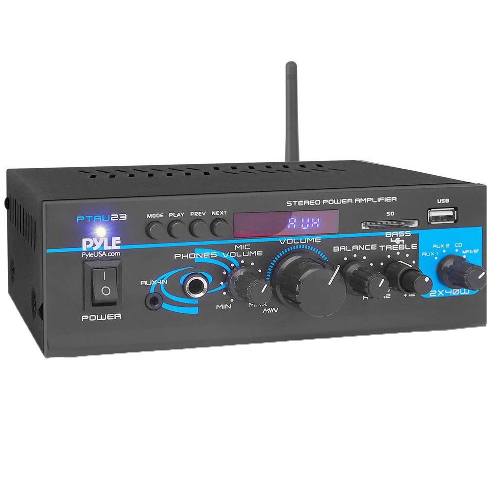 Pyle Home Audio Bluetooth Power Amplifier System - 2X40W Mini Dual Channel Mixer Sound Stereo Receiver Box w/ RCA, USB, AUX, Headphone, Mic Input