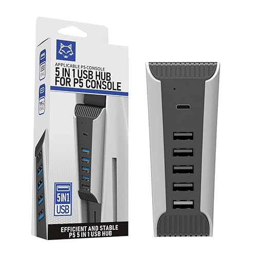 Wedorat PS5 USB Hub 5 Ports USB Extender, USB 2.0 & USB-C, Compatible with PS5, PC, Laptop & MacBook, Black, 5 Inch Cable, No Delay, Efficient