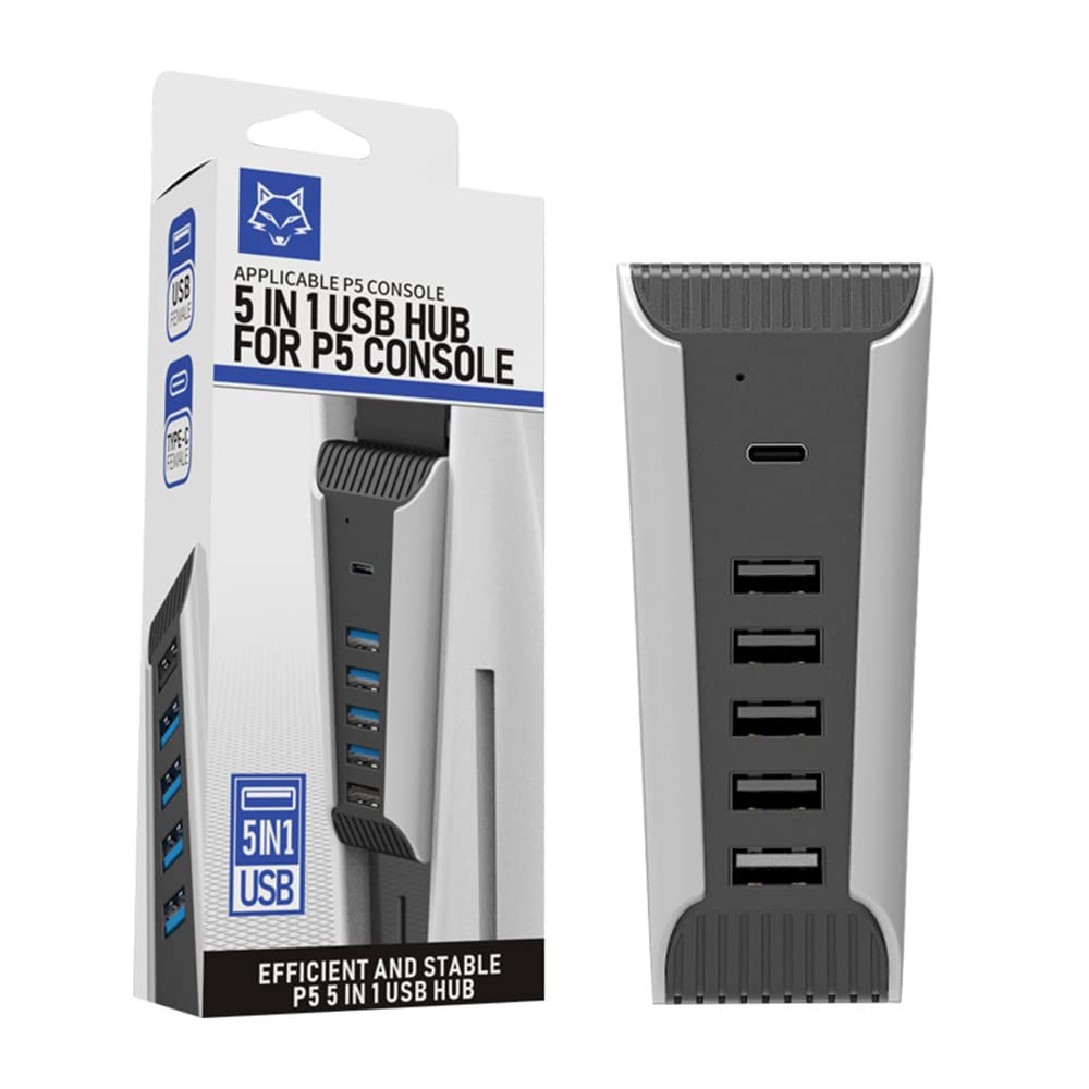 Wedorat PS5 USB Hub 5 Ports USB Extender, USB 2.0 & USB-C, Compatible with PS5, PC, Laptop & MacBook, Black, 5 Inch Cable, No Delay, Efficient