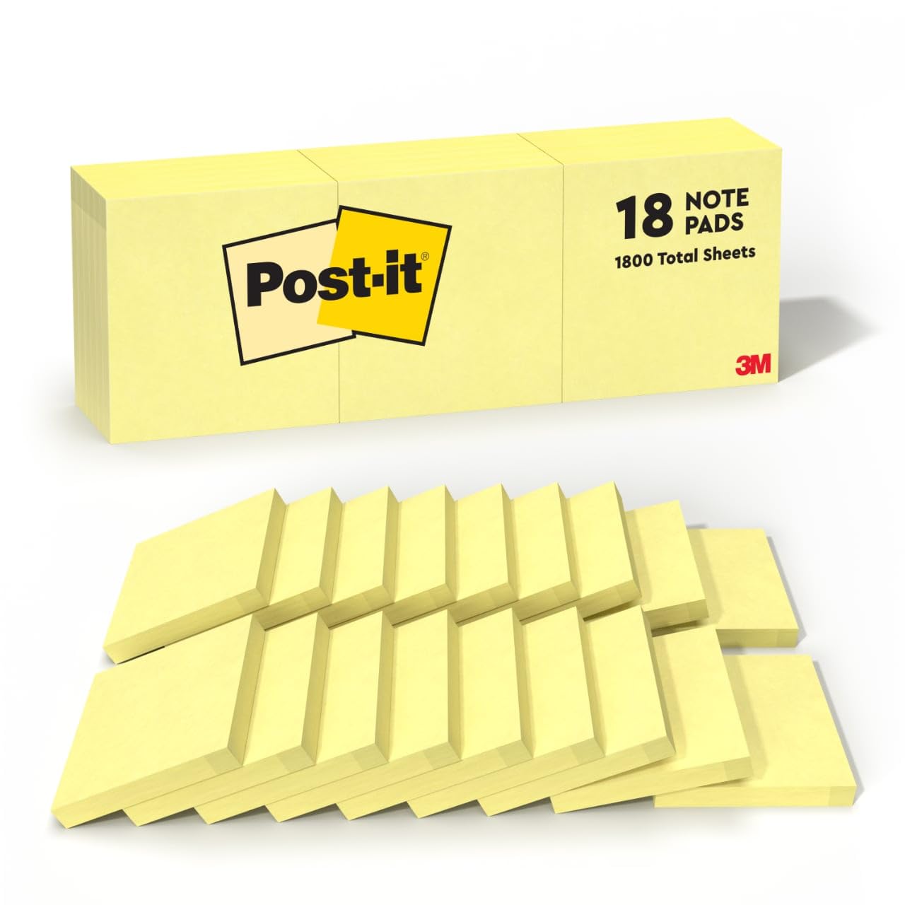 Post-it Notes, 3 x 3 in, The Iconic Canary Yellow Note, 18 Pads