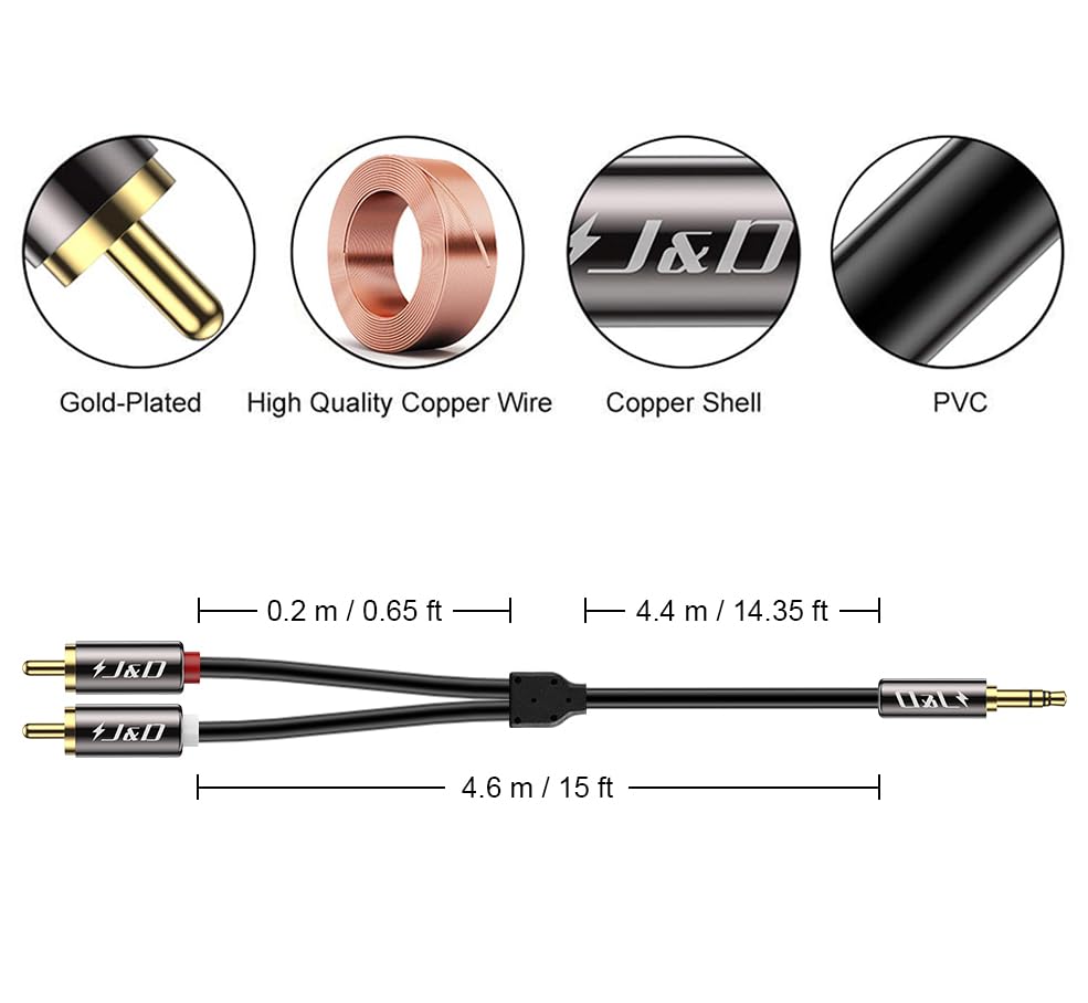 J&D 3.5mm to RCA Cable, Gold-Plated 3.5mm Male to 2RCA Male Stereo Audio Adapter, Heavy Duty Shielded Aux Cable for Home Theater, Speakers, Turntable
