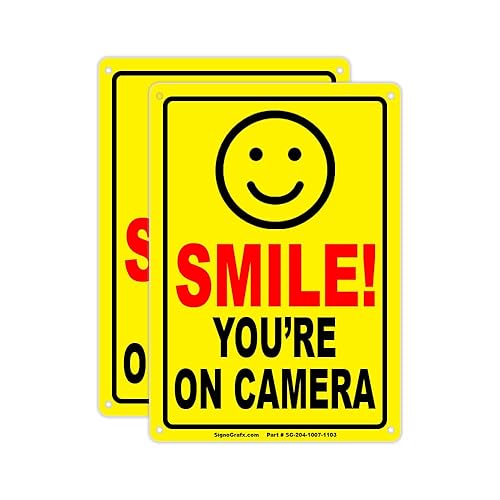 SIGNOGRAFX 2-Pack SMILE YOU’RE ON CAMERA SIGN, 10 x 7, Video Surveillance Signs, Reflective, Easy to Install,Driveway Alert, CCTV Indoor and Outdoor
