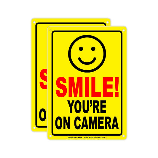 SIGNOGRAFX 2-Pack SMILE YOU’RE ON CAMERA SIGN, 10 x 7, Video Surveillance Signs, Reflective, Easy to Install,Driveway Alert, CCTV Indoor and Outdoor