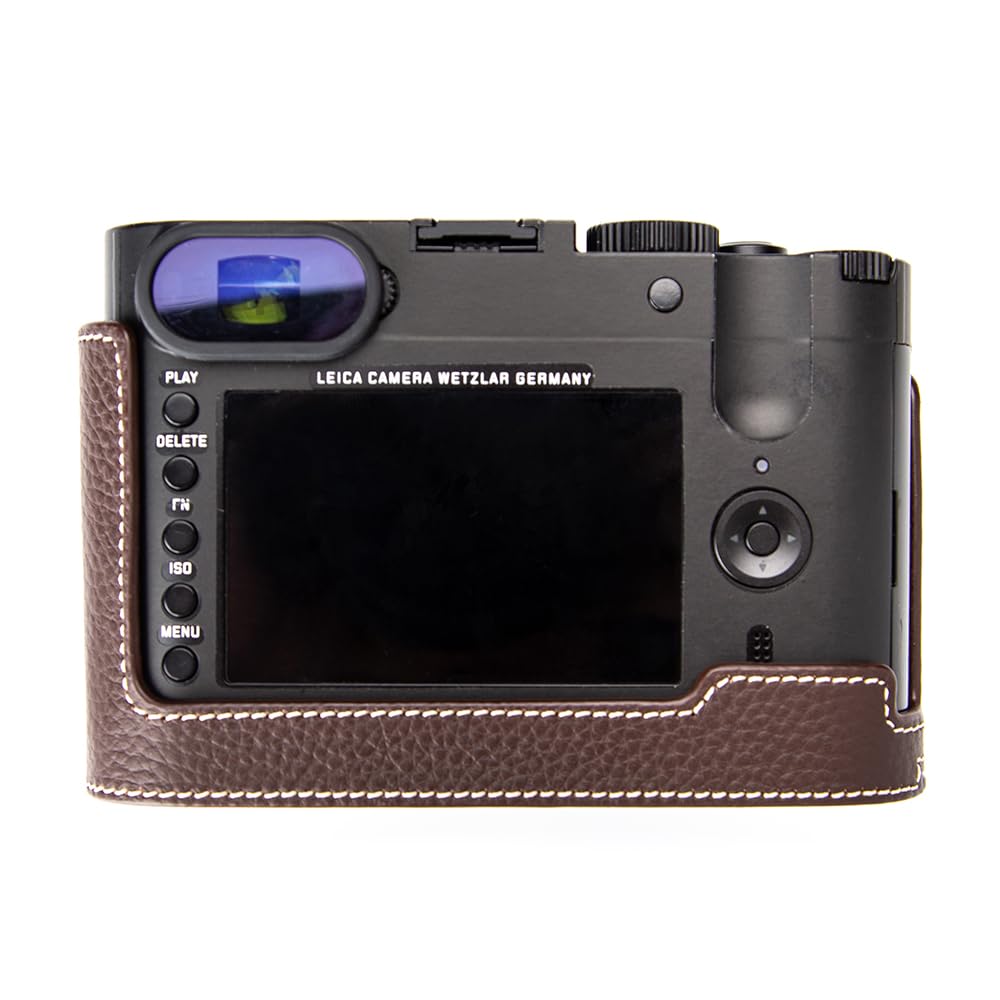DBZZ Vintage Genuine Leather Camera Case?Half-Wrap Camera Protector For Leica Q (Mocha-white line)