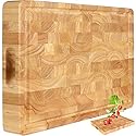 Wooden Butcher Block End Grain Cutting Board - 17x13x1.5in Reversible Multipurpose Chopping Board with Juice Groove, Cracker Holder & Inner Handles