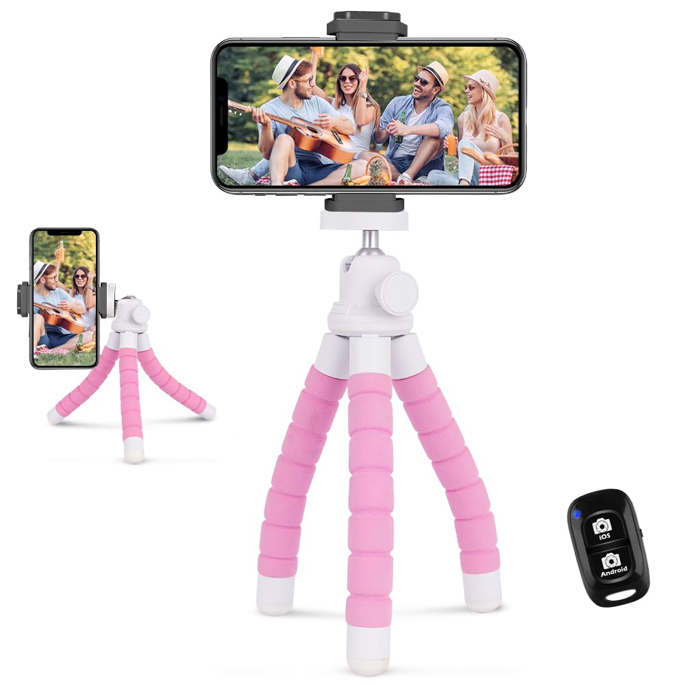 Ubeesize Portable Tripod Stand with Wireless Remote & Clip, Flexible Phone Holder for Video Recording (Pink)