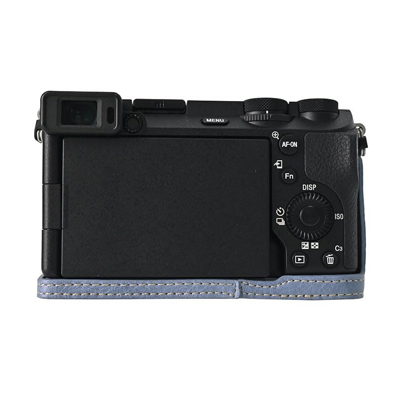 A6700 Case, BMAOLLONGB Handmade PU Leather Half Camera Case Bag Cover Bottom Opening Version for Sony Alpha A6700 with Neck Strap (Blue)