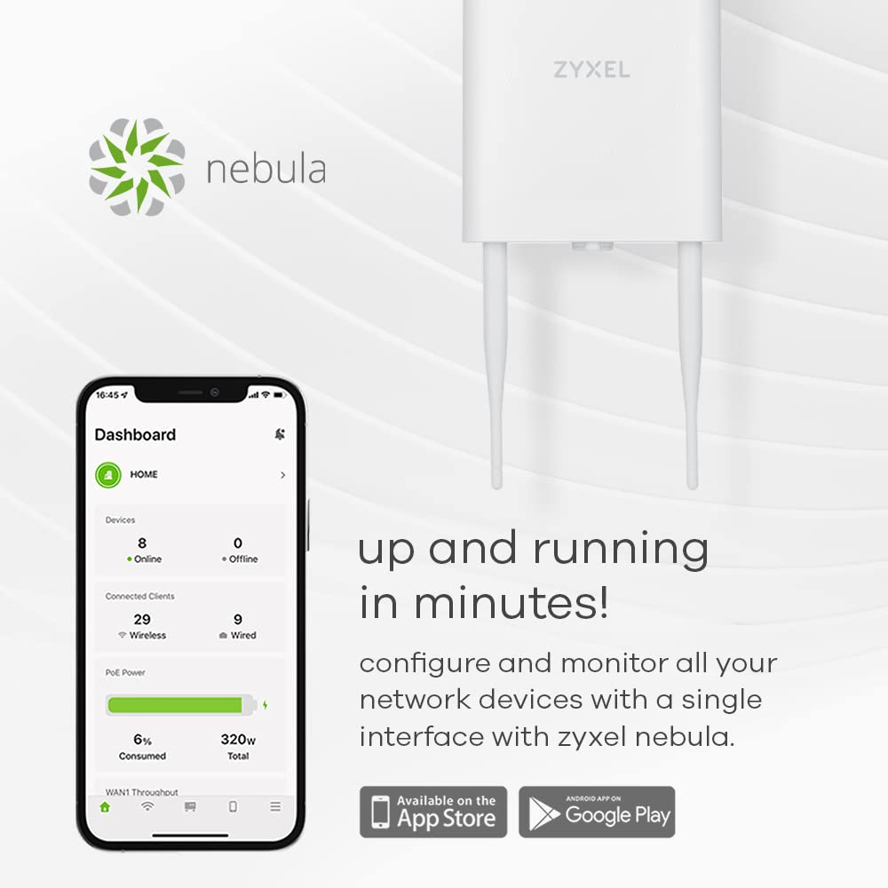 Zyxel WiFi 6 AX1800 Wireless Gigabit Outdoor Access Point | IP55 Rated | Mesh, Seamless Roaming & MU-MIMO | WPA3-PSK Security | Cloud, App or Direct