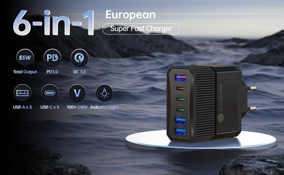 USB C Fast Charger 55W 6-Port Type C Wall Charger Block 55W USB-C Charging Station Power Adapter PD 25W QC3.0 Portable Type C Charging Block Cube