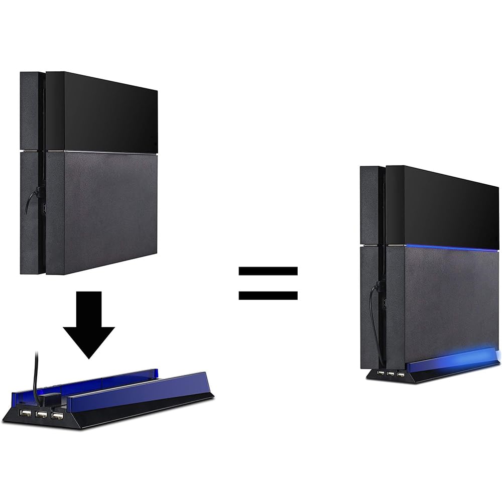 KlsyChry Stand with HUB & Blue Light for PS4, Blue Led Light Vertical Stand Base with 3 USB HUB Port for Sony PlayStation 4 PS4 Console (Black)