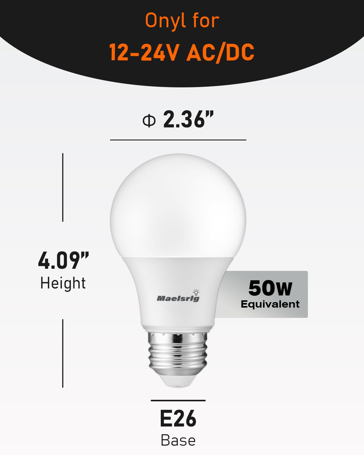 Maelsrlg 12V LED Bulb 6W(50W Equivalent), Warm White 3000K, 12V-24V AC/DC, 600 Lumens, Non-Dimmable, A19 12V DC LED Light Bulbs, E26 Base, Pack of 6