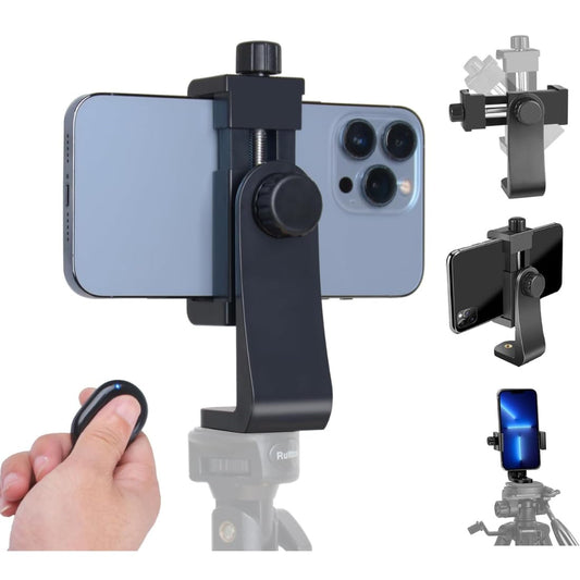 Acuvar Universal Phone Tripod Mount Adapter with ?ireless Camera Remote, Cell Phone Holder with Adjustable Clamp for Selfie Stick Monopod Compatible