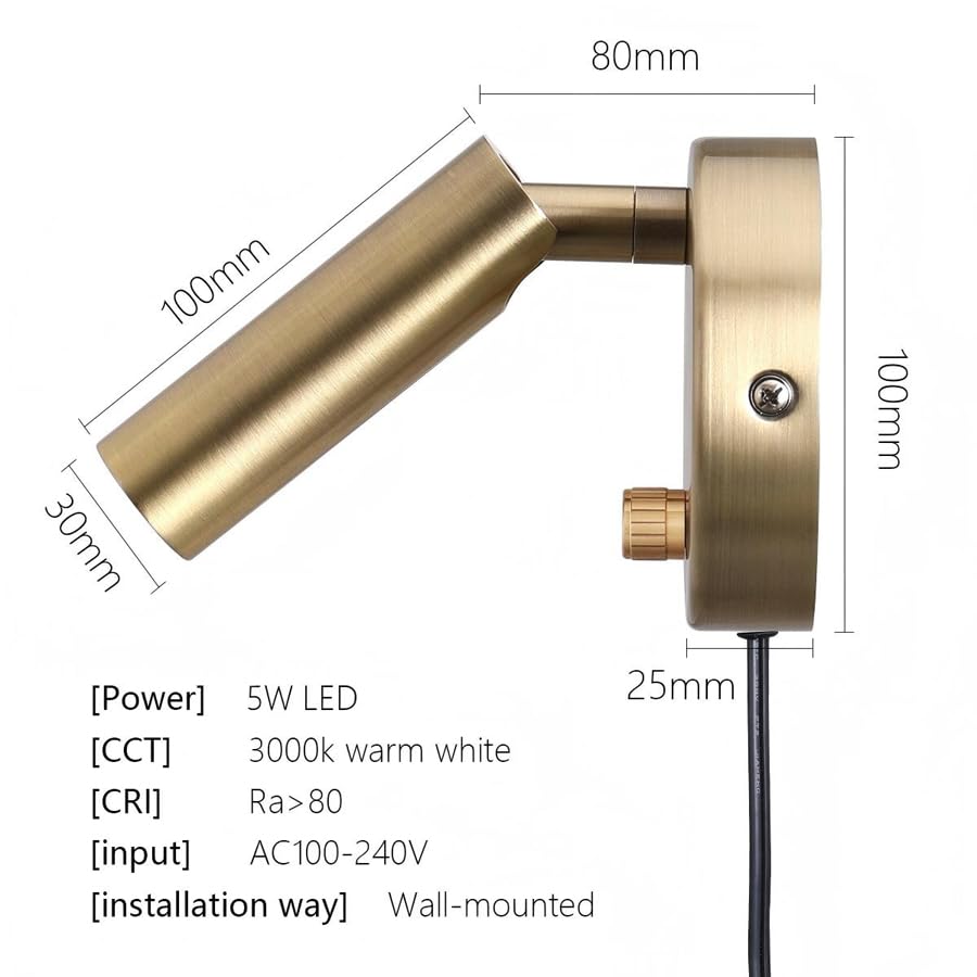 Agese Surface Wall Mounted Reading Light Sconces Lamp Physical Knob Dimmer Switch LED 5W Warm White 3000K (Bronze Plug Cord)