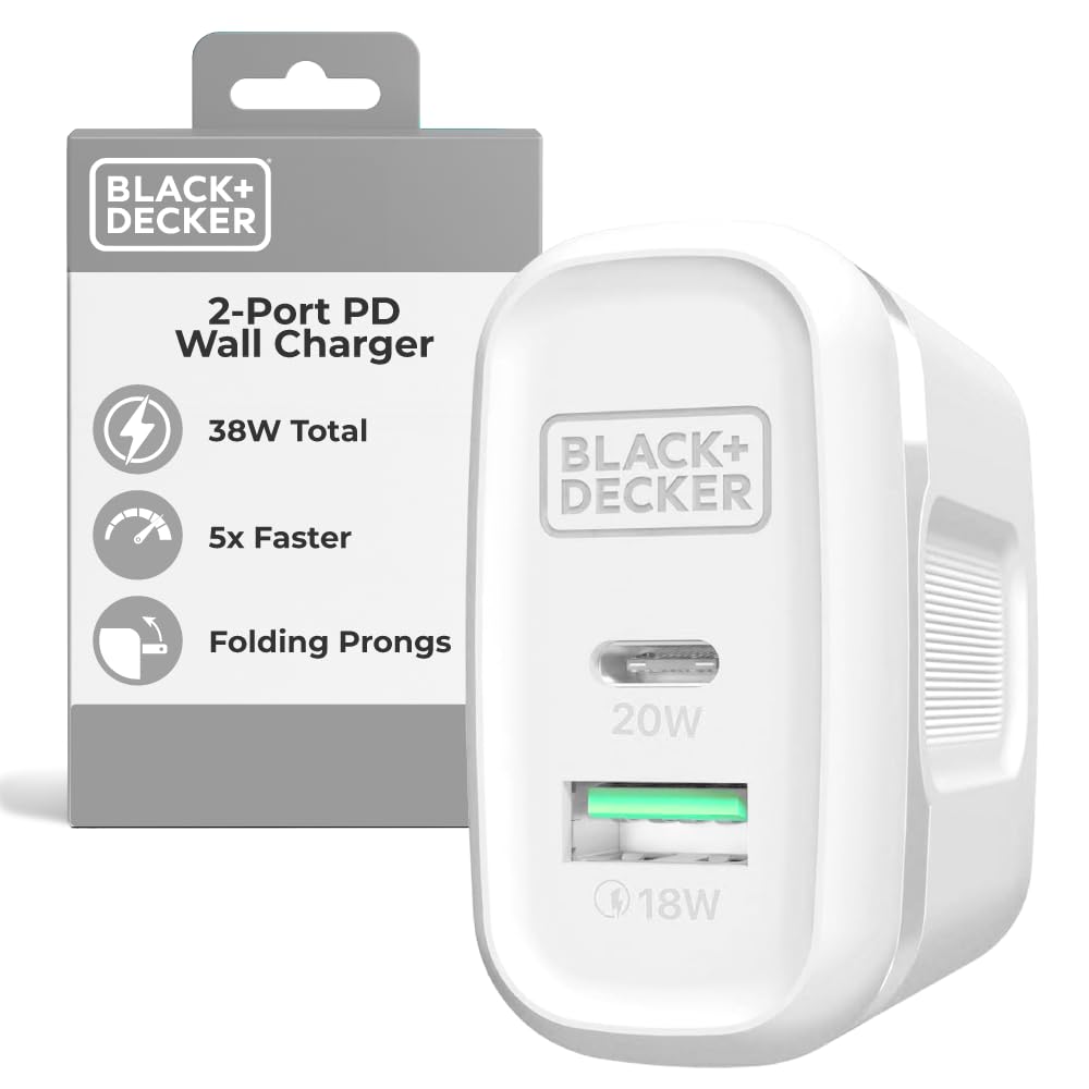 BLACK+DECKER Quick-Charge PD Wall Charger, 2-Port, 38W - USB & Type C Wall Plug - Compact Power Block USB C - Fast Charger Adapter Power Delivery