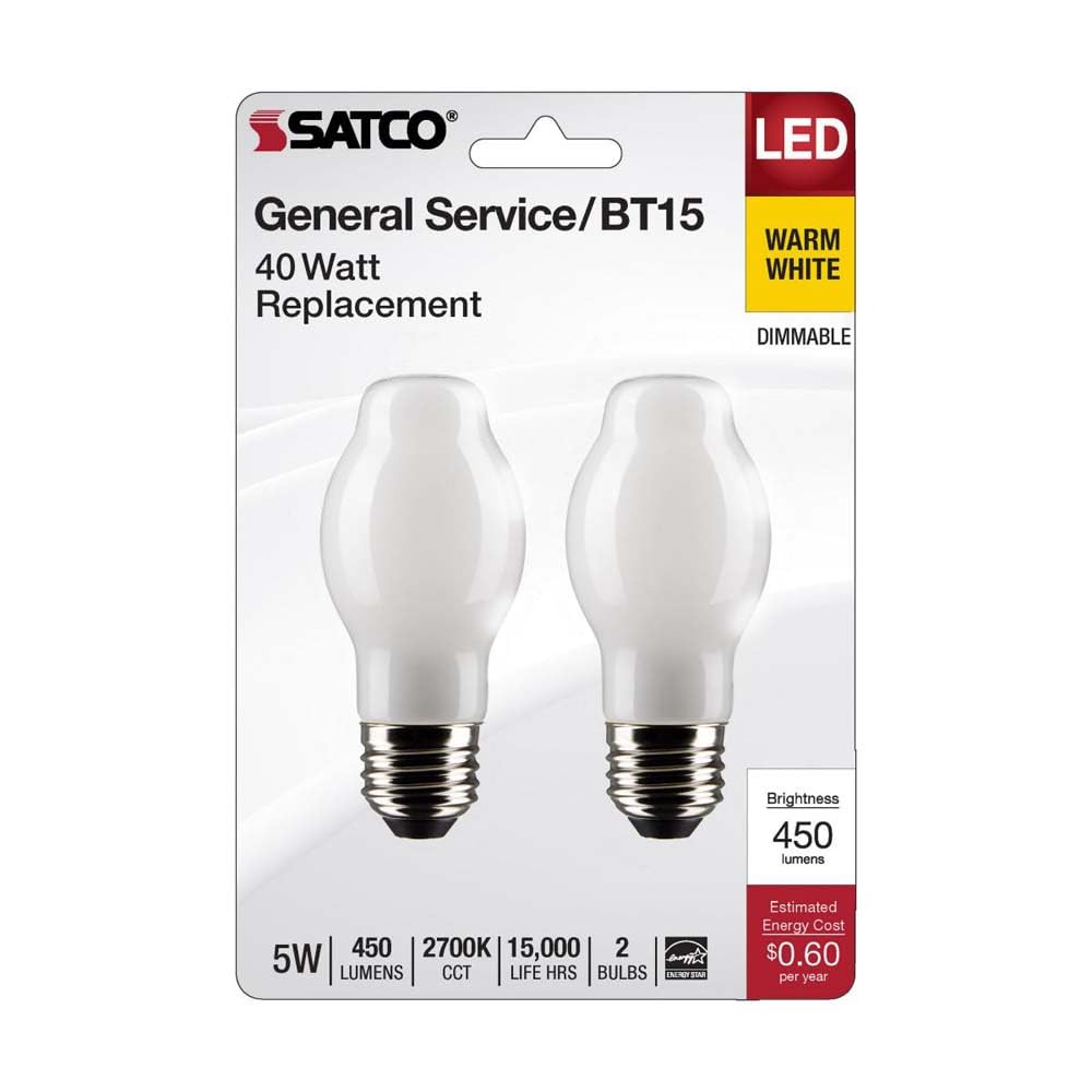 Satco S21855 5 Watt BT15 LED Bulb, White, Medium Base, 2700K, 450 Lumens, 120 Volt