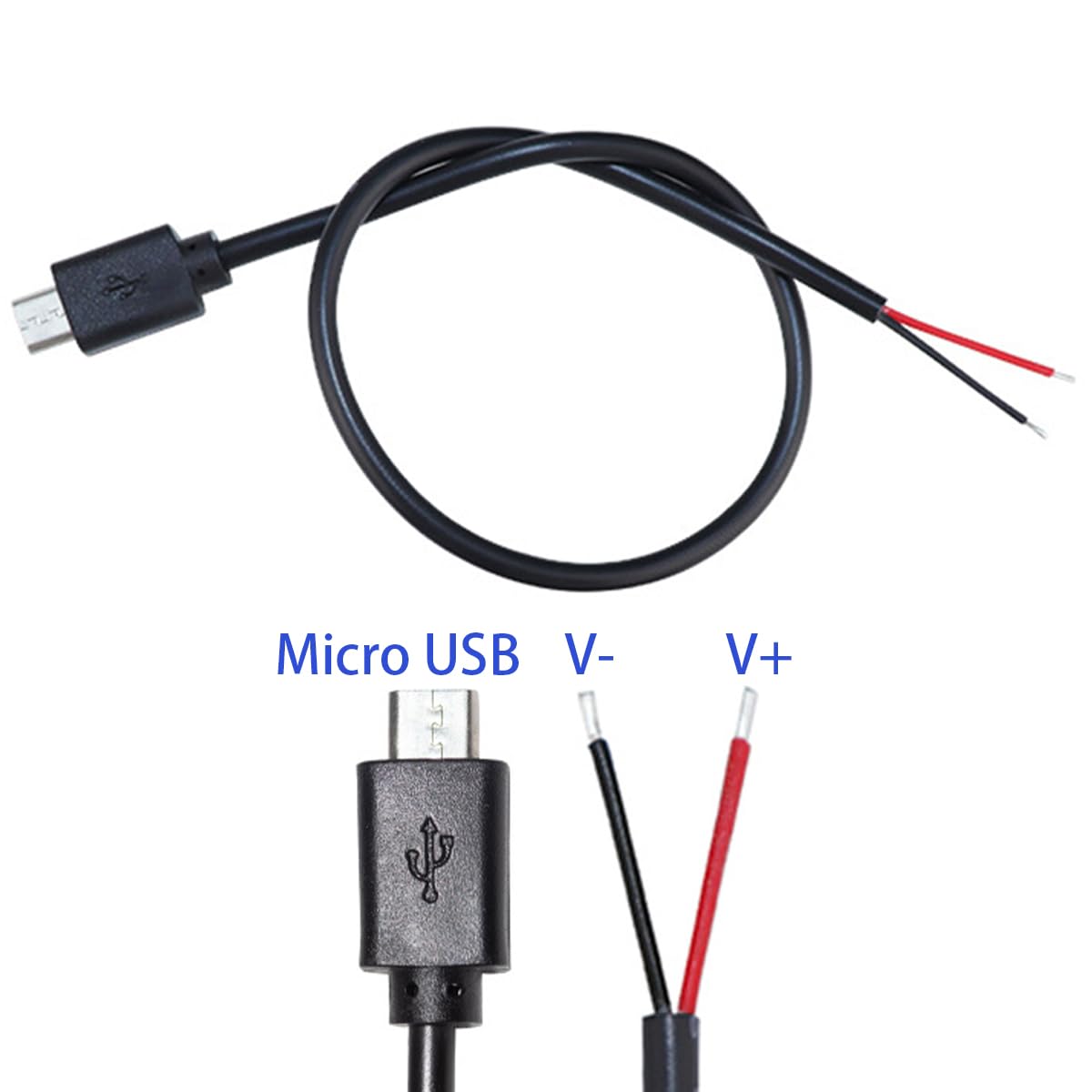 Jienk 5Pcs 1Ft 30cm 22AWG Micro USB Male 2Pin Pigtail Cable, 3A 5V USB Micro-B 2 Core Bare Wire Open End Extension Cable for DIY Repair Cable, Black