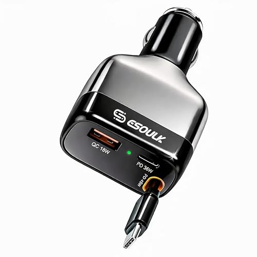 [Esoulk] 81W Retractable Car Charger, 3-Port USB C & USB A Fast Charging Adapter with Built-in 45W Cable for iPhone 17/16/15, for Samsung Galaxy, iPad