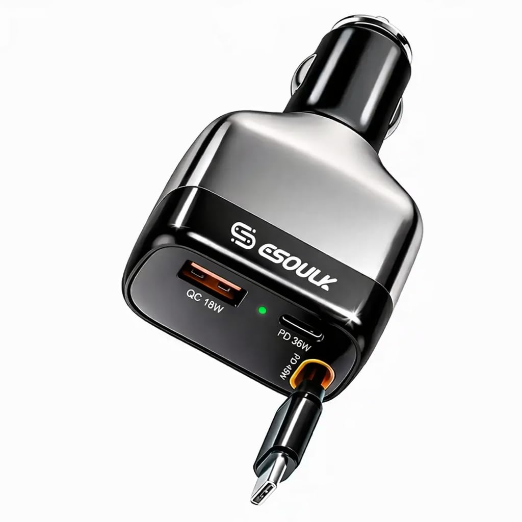 [Esoulk] 81W Retractable Car Charger, 3-Port USB C & USB A Fast Charging Adapter with Built-in 45W Cable for iPhone 17/16/15, for Samsung Galaxy, iPad