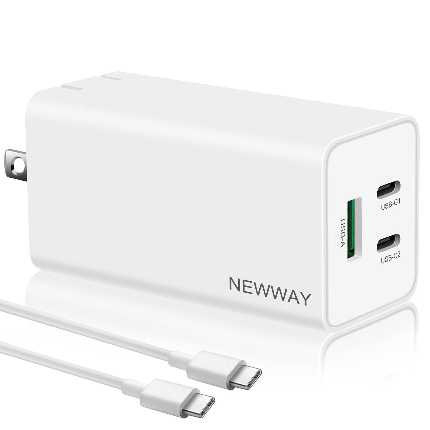 NewWay 65W USB-C Fast Charger 3 Port PD QC 3.0 Delivery Foldable, USB-C Wall Charger for MacBook, iPad, iPhone Series with 15 16 Plus/Pro/Pro Max