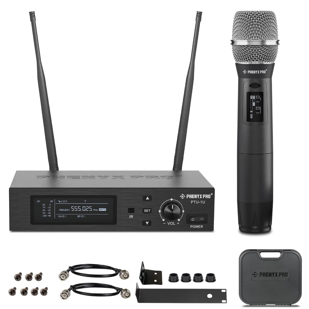 Phenyx Pro True Diversity Wireless Microphone System w/ 1000 Tunable Channels, Single Cordless Mic Set w/Auto Scan, UHF Professional Dynamic
