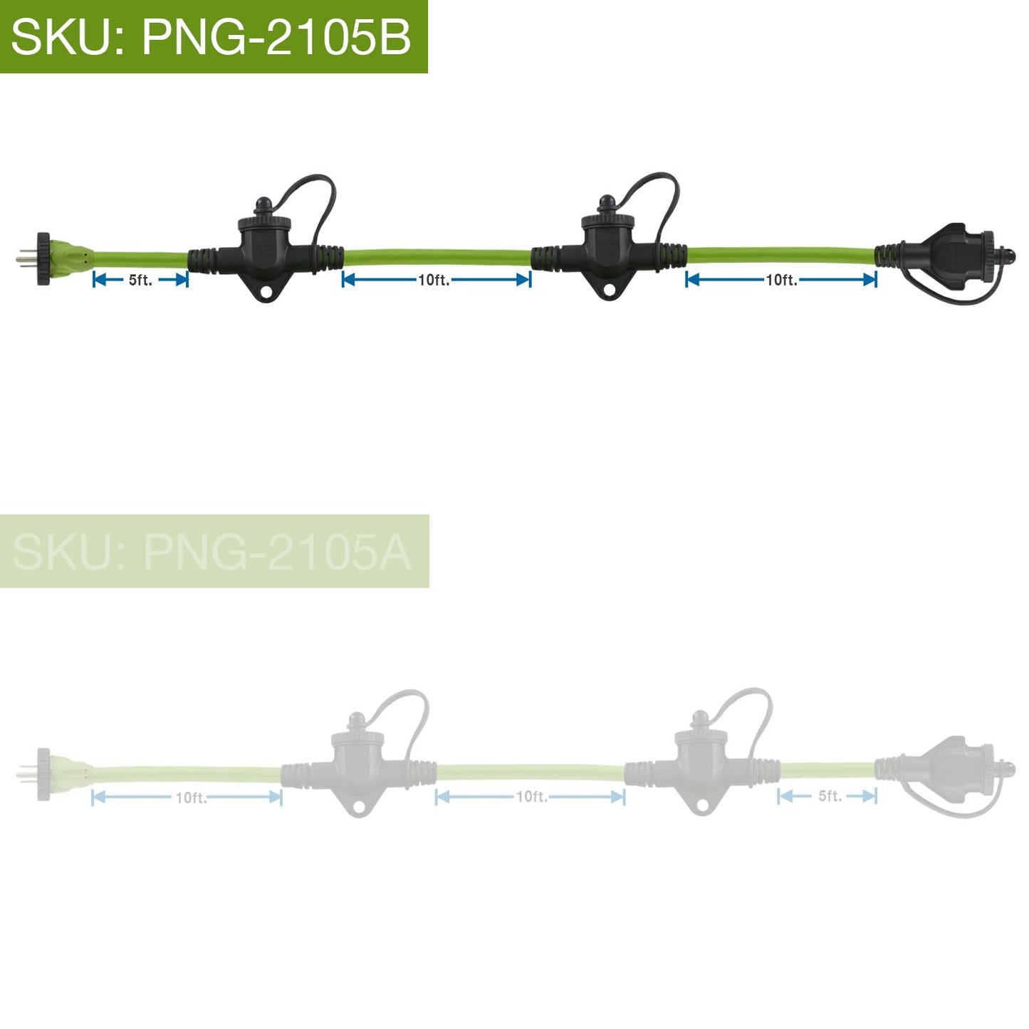 Conntek PNG-2105B Multi Inline Outlet Extention Cord, 5' + 10' + 10', with Protective Caps
