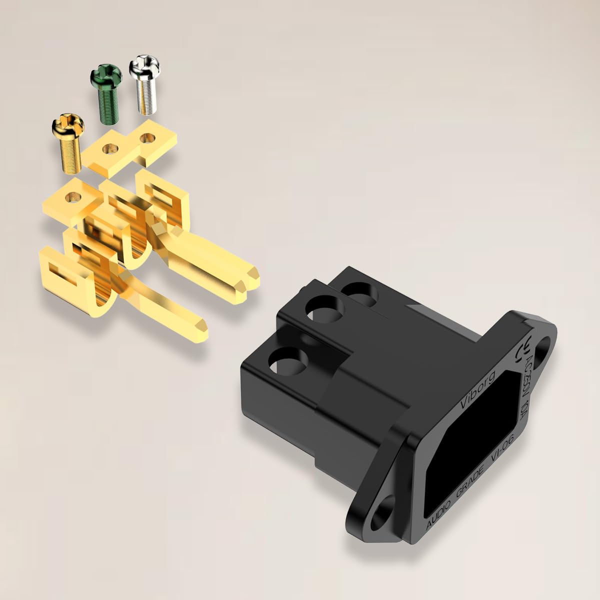 Viborg AC 250V 10A IEC320 C14 Panel Mount Plug Adapter Power Connector Socket Screw Mount 3 Pins Inlet Male Power Plug Socket Audio Grade (Gold