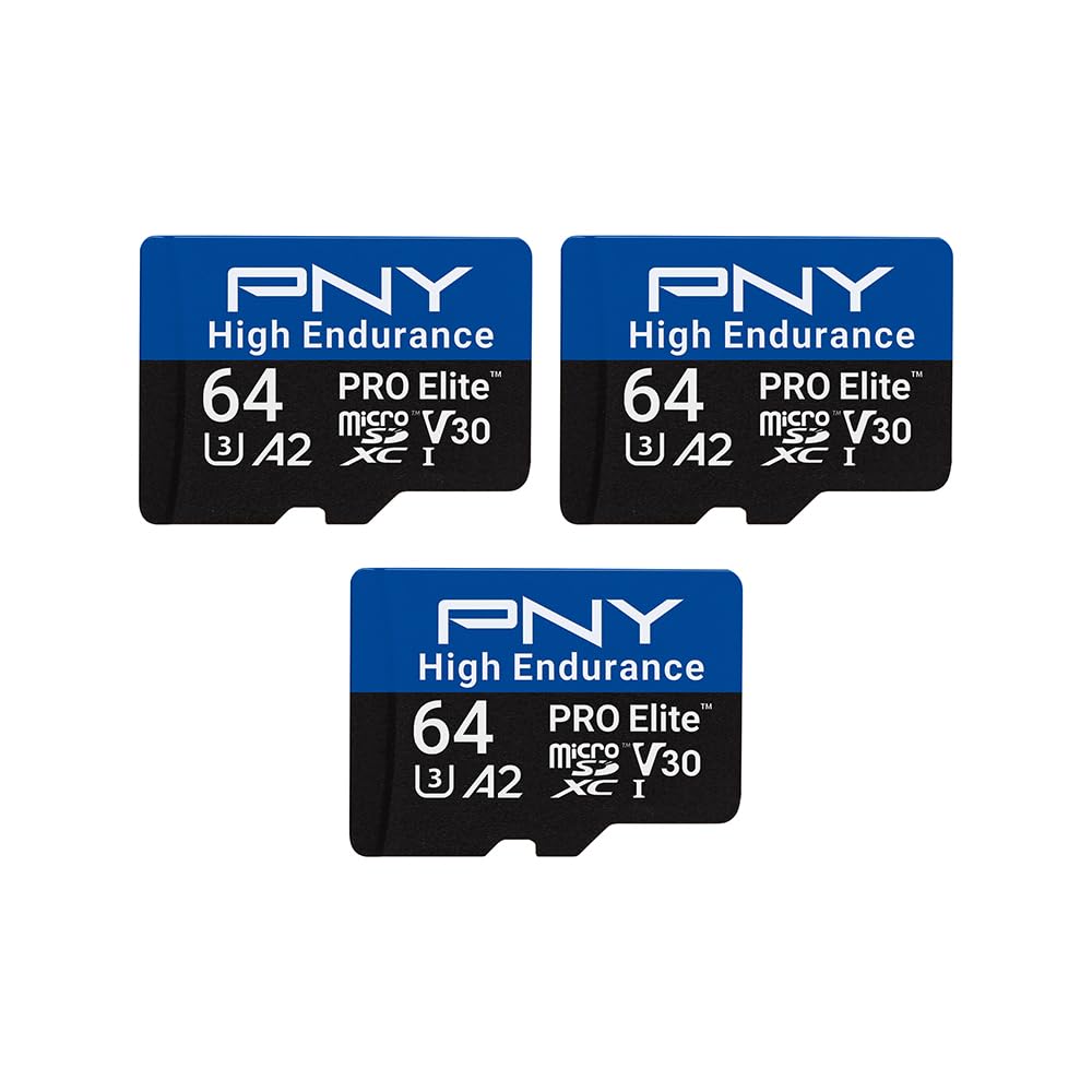 PNY 64GB PRO Elite™ High Endurance C10 U3 V30 A2 microSDXC - Up to 17.2K Continuous Recording Hours, Up to 100MB/s Read, 4K UHD, Full HD, UHS-I