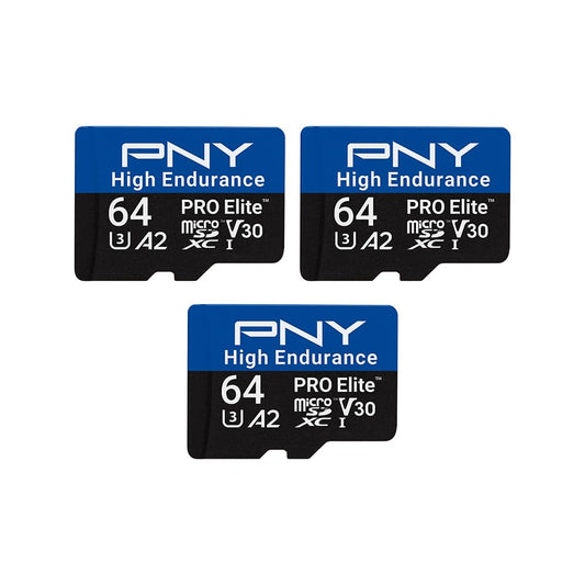 PNY 64GB PRO Elite™ High Endurance C10 U3 V30 A2 microSDXC - Up to 17.2K Continuous Recording Hours, Up to 100MB/s Read, 4K UHD, Full HD, UHS-I