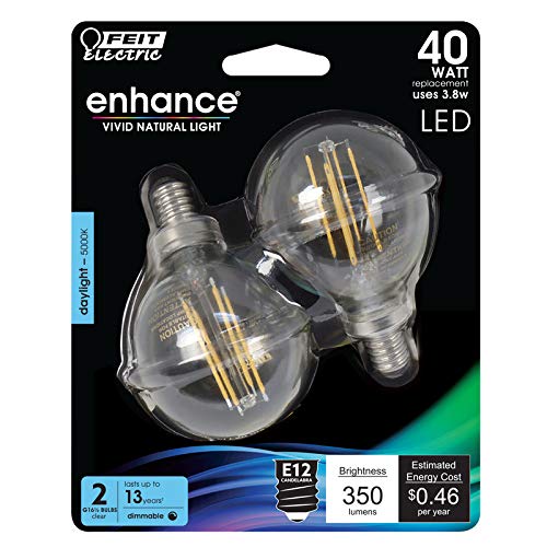Feit Electric 40-Watt Equivalent G16.5 Candelabra Dimmable Filament LED Energy Star Clear Glass Light Bulb, Daylight (2-