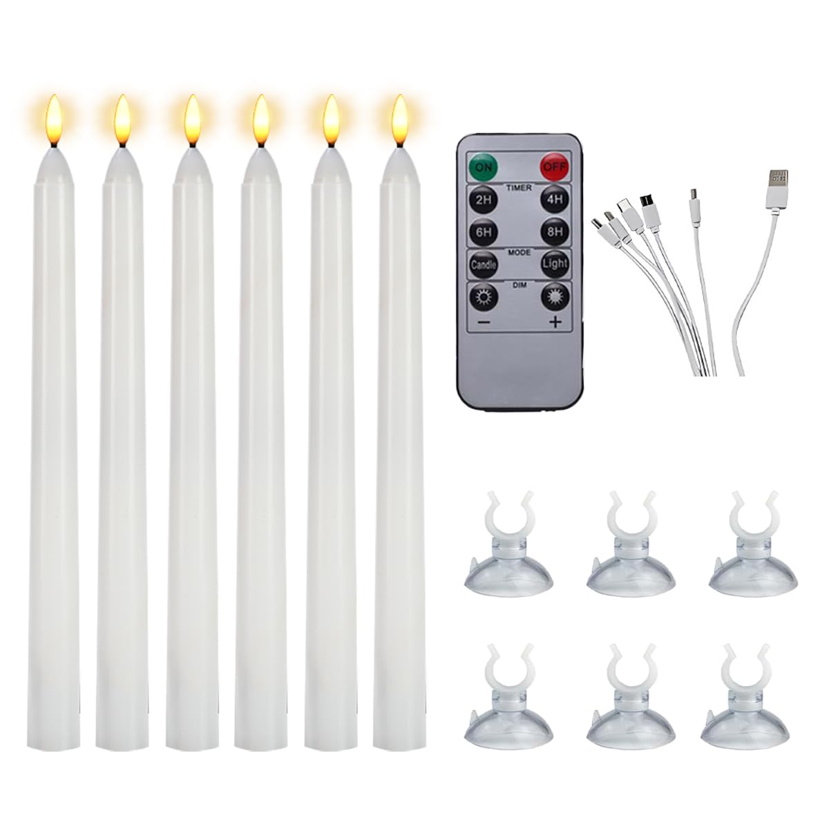 ZenQiKe Rechargeable Taper LED Candles 6 PCS with Remote Timer Suckers, 3D Flickering Flameless Light Window Candles,Battery Operated Candlesticks