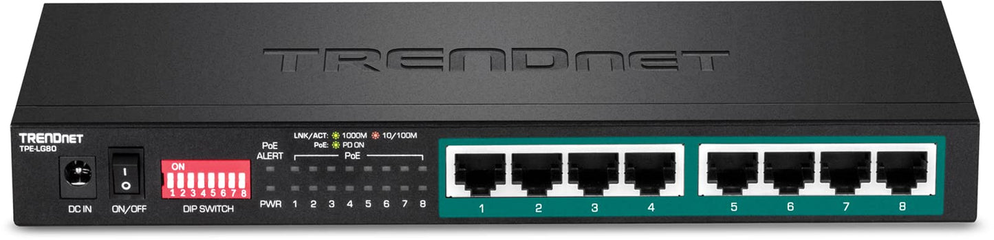 TRENDnet 8-Port Gigabit Long Range Poe+ Switch, TPE-LG80, 65W Power Budget, Ethernet Splitter, Extends Range Up to 200M (656 ft.), 16Gbps Switching