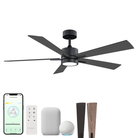 Bali 52in 5-Blade Smart Indoor or Outdoor Ceiling Fan 2700K-6000K CCT Tunable Range LED Light Kit in Matte Black with Reversible Black and Weathered