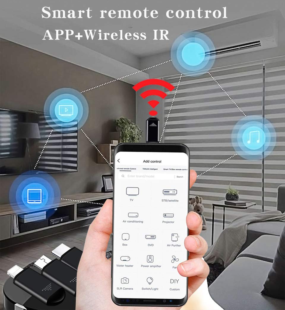 R09 Mini Smartphone IR Remote Controller Adapter for iOS Smart Phone Mini Infrared Universal Control All in One Air Conditioner/TV/DVD/STB (Black-for Lightning)