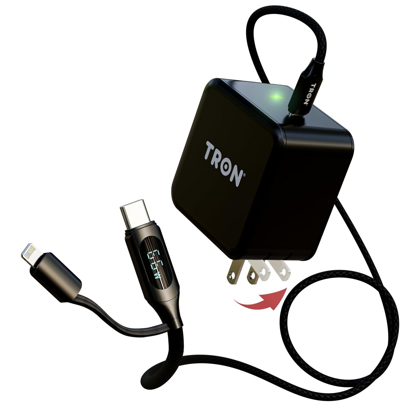 Tron 25W USB-C Power Adapter with 5FT 2-in-1 Digital Display Braided Cable - Fast Charging Solution for Home, Office, and Travel Use, TR69