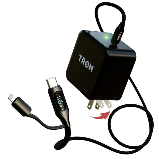 Tron 25W USB-C Power Adapter with 5FT 2-in-1 Digital Display Braided Cable - Fast Charging Solution for Home, Office, and Travel Use, TR69