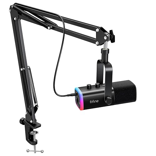 FIFINE XLR/USB Gaming Microphone Set, Dynamic PC Mic for Streaming Podcasting, Computer RGB Mic Kit with Boom Arm Stand, Mute Button, Headphones Jack
