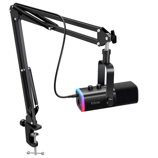 FIFINE XLR/USB Gaming Microphone Set, Dynamic PC Mic for Streaming Podcasting, Computer RGB Mic Kit with Boom Arm Stand, Mute Button, Headphones Jack