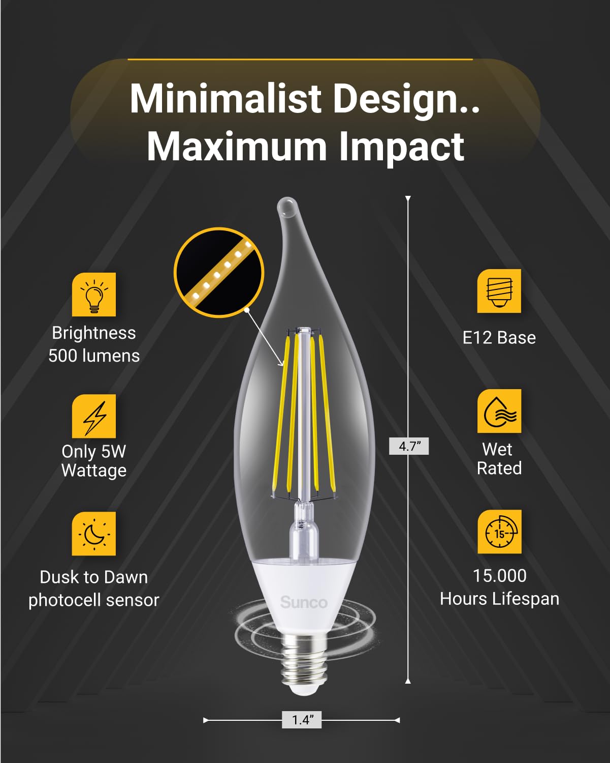 Sunco 10 Pack CA11 Candelabra LED Light Bulbs, E12, Dusk to Dawn, 5W=40W