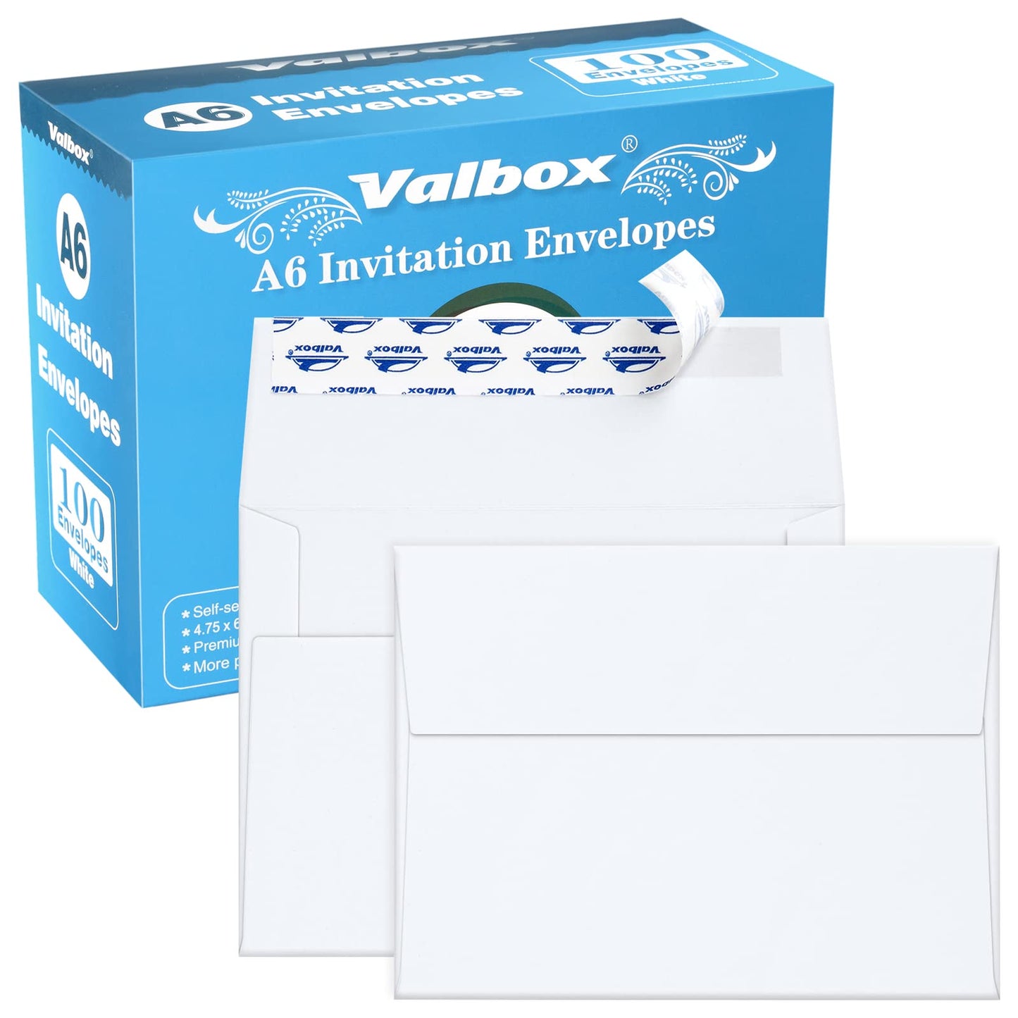 ValBox 100 Qty A6 Envelopes Self Seal 6.5 x 4.75" White Kraft Paper Invitation Envelopes for 4x6 Cards, Photos, Invitations, Weddings, Baby Shower