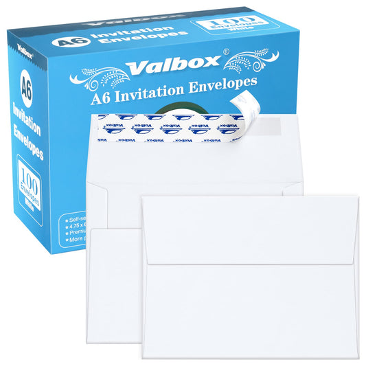 ValBox 100 Qty A6 Envelopes Self Seal 6.5 x 4.75" White Kraft Paper Invitation Envelopes for 4x6 Cards, Photos, Invitations, Weddings, Baby Shower
