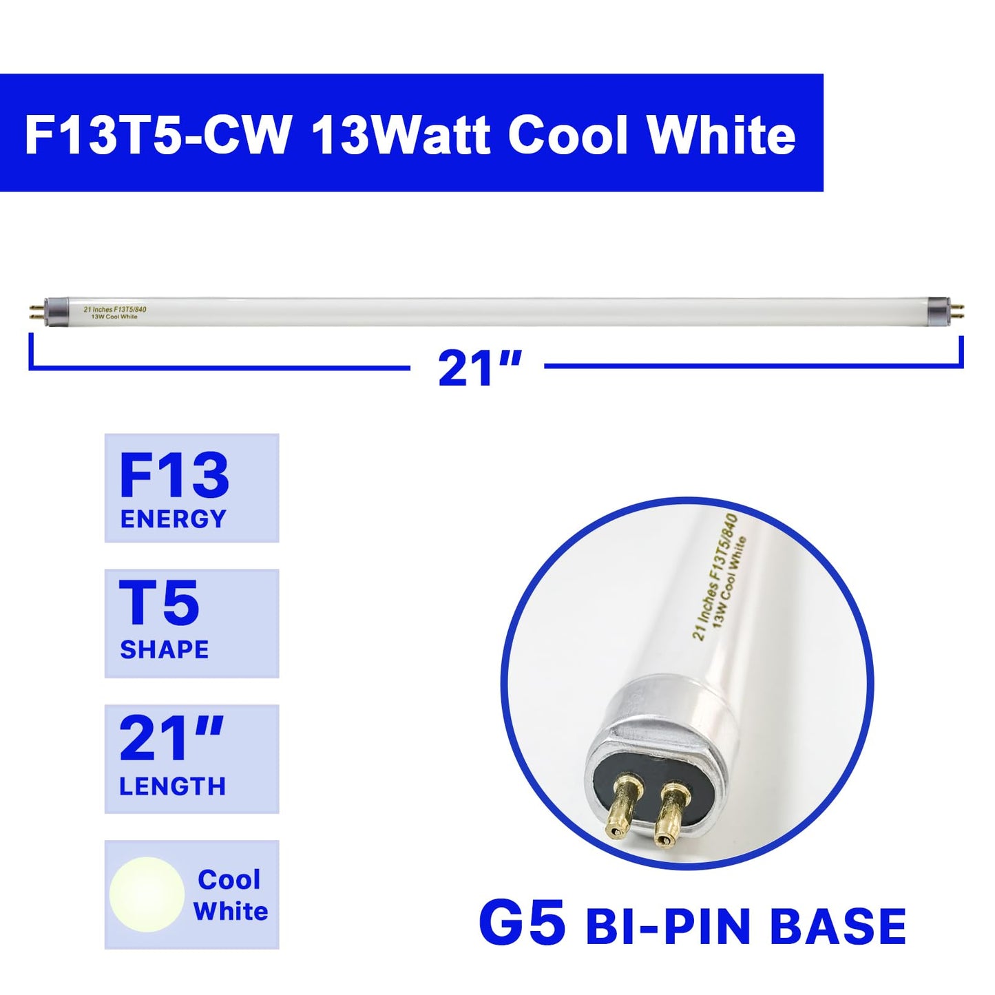 8 Pack 21 Inch T5 Fluorescent Light Bulb 13 Watt F13T5/CW Compatible for Sylvania Satco Philips GE Under Cabinet Tube Light Cool White 800 Lumen G5