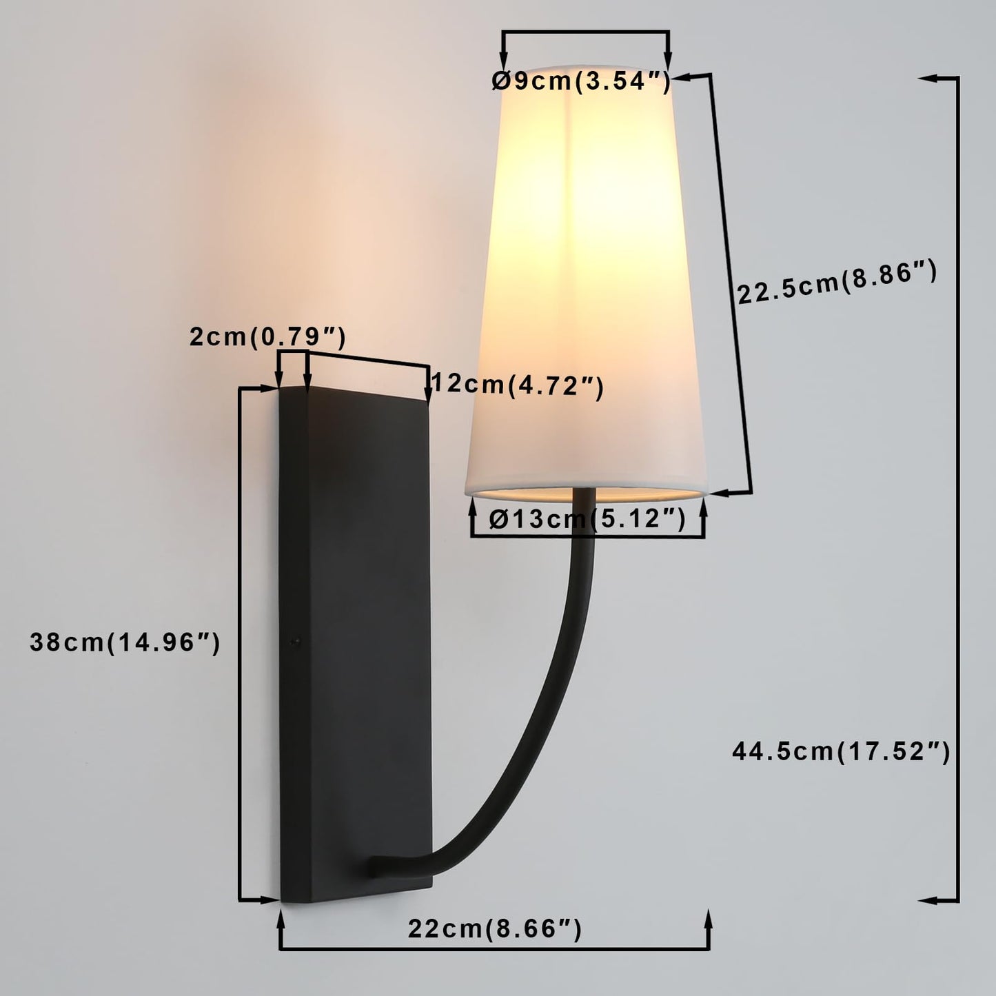 Yosoan Set of 2 Black Brass Fabric Wall Sconce Bedside Indoor Light, Boho Modern Vintage Industrial Vanity Fixture, White Long Cone Fabric Shade