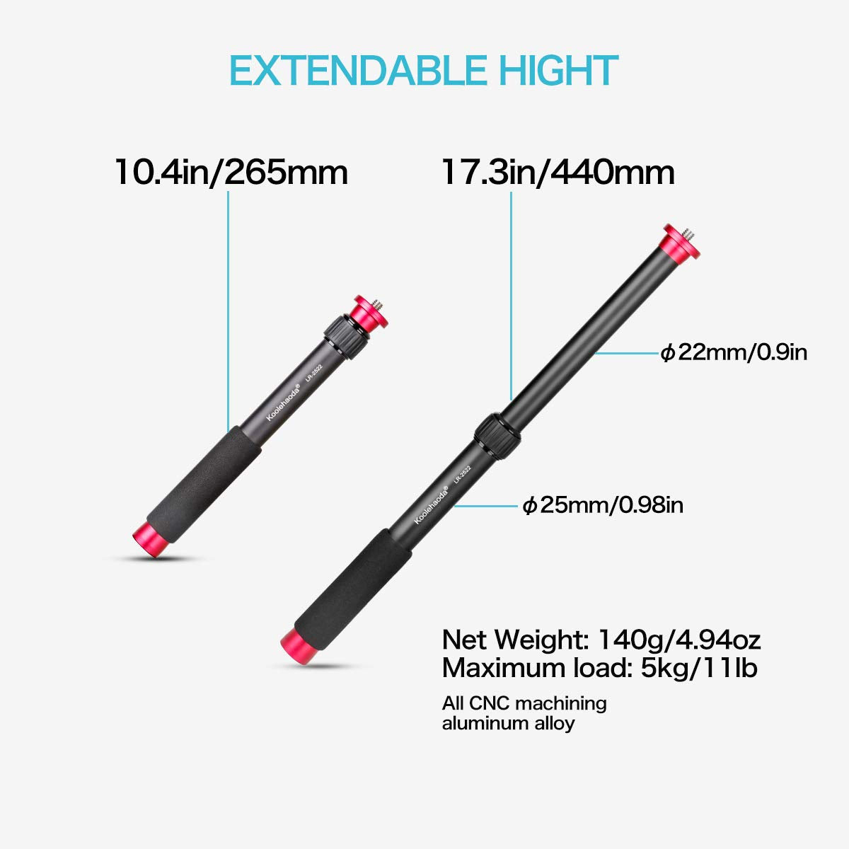 Koolehaoda Tripod Extension Tube, 2 Section Aluminium Tripod Center Column Extender, Gimbal Extension Pole Handheld Extension Bar Telescopic Stick Rod