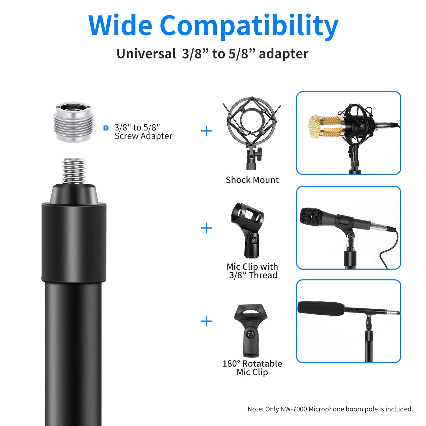 NEEWER NW-7000 Microphone Boom Arm, 3 Section Extendable Handheld Mic Arm with 3/8" & 3/8" to 5/8" Screw Adapter, 3ft to 8ft Adjustable